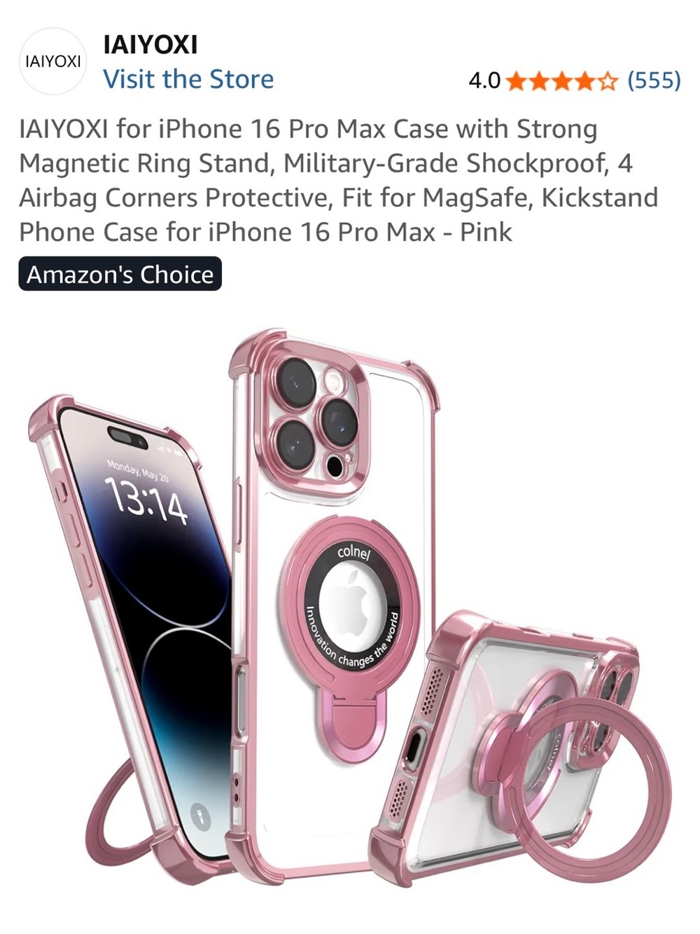 Pink Magnetic Ring Kickstand Case for iPhone 16 Pro Max